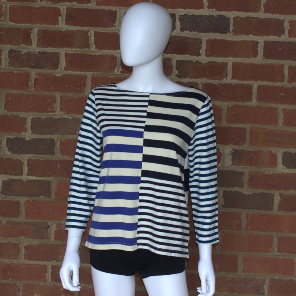 J. Crew | Patchwork Striped 3/4 Sleeve Shirt | Blue-White-Cream | F1456 | Size M
